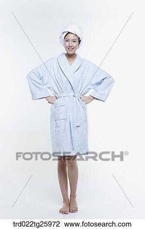 Drawing - woman in a bathrobe with smile. Fotosearch