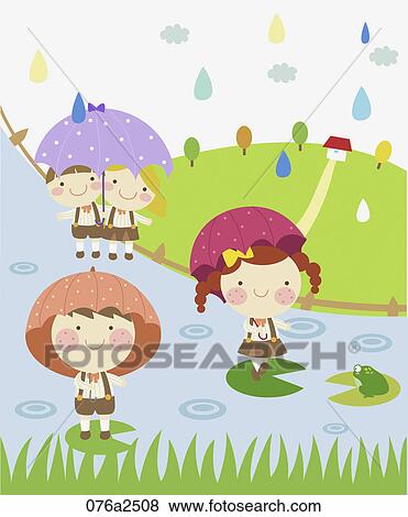 イラスト の 子供 中に 雨の日 クリップアート 076a2508 Fotosearch