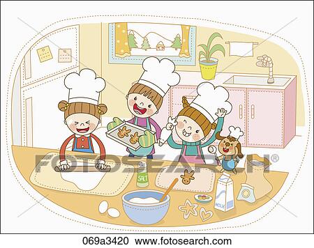 イラスト の 子供 料理 中に 台所 クリップアート 切り張り イラスト 絵画 集 069a3420 Fotosearch