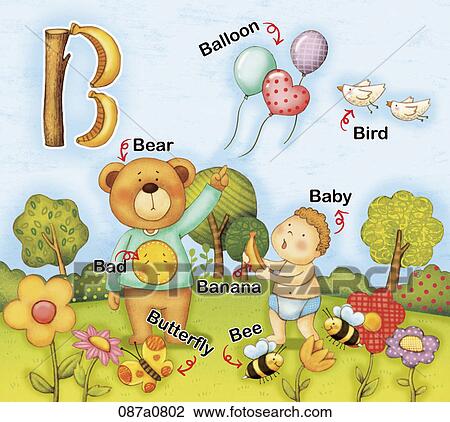 Clipart - alphabet B study with illustration and words. Fotosearch