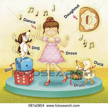 Clipart - alphabet D study with illustration and words. Fotosearch