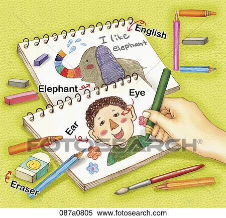Clipart - alphabet E study with illustration and words. Fotosearch