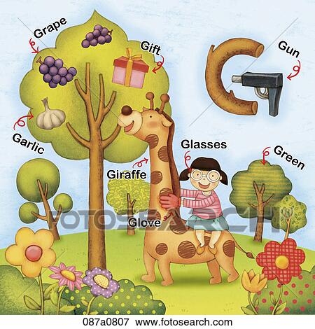Clip Art - alphabet G study with illustration and words. Fotosearch