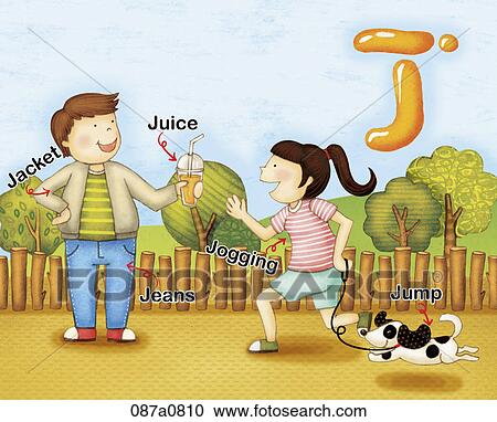 Clipart - alphabet J study with illustration and words. Fotosearch