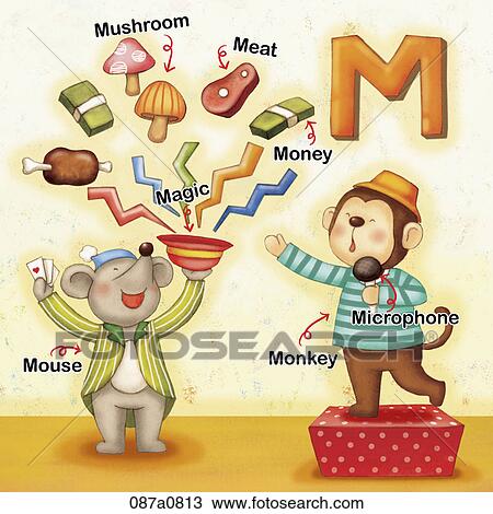 Clipart - alphabet M study with illustration and words. Fotosearch