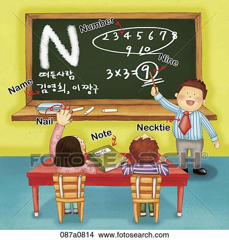 Clipart - alphabet N study with illustration and words. Fotosearch