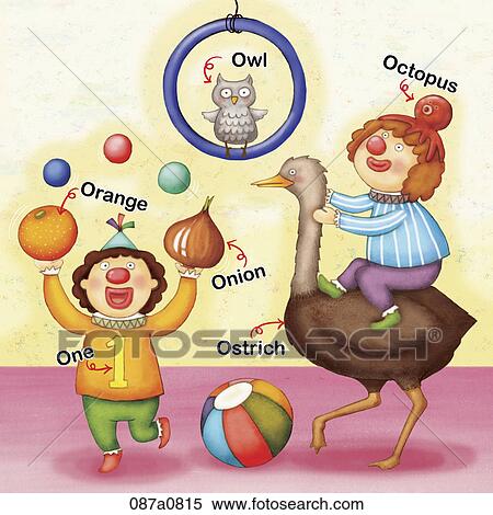 Clipart - alphabet O study with illustration and words. Fotosearch