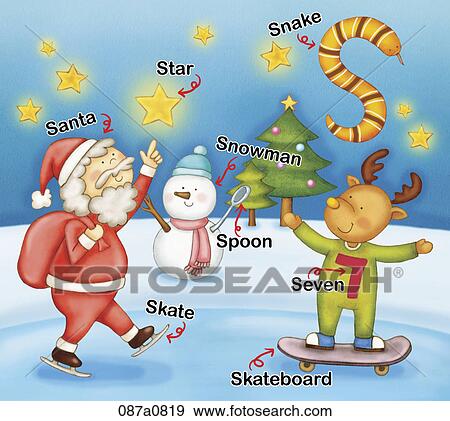Clip Art - alphabet S study with illustration and words. Fotosearch