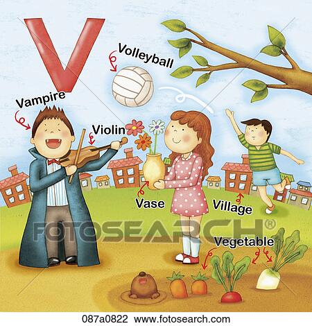 Clipart - alphabet V study with illustration and words. Fotosearch