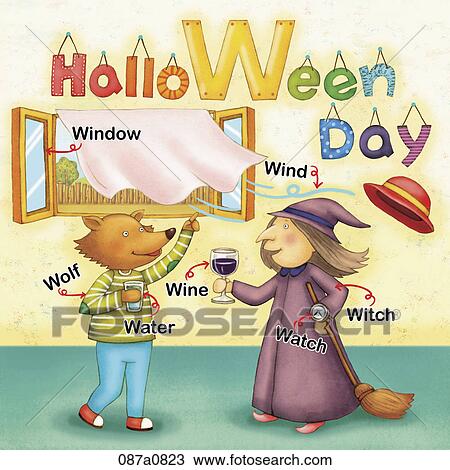 Clipart - alphabet W study with illustration and words. Fotosearch
