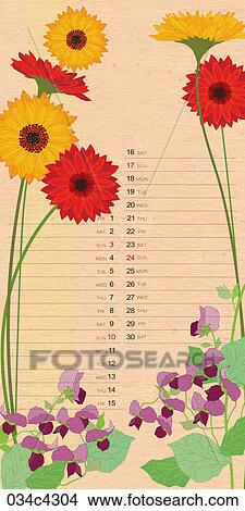 Clipart - illustration of calendar and flowers. Fotosearch