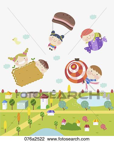 Clipart - illustration of flying kids with sweets. Fotosearch