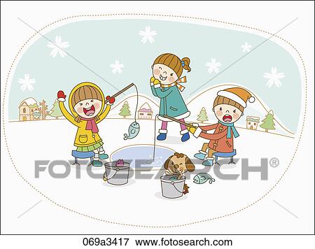 Clip Art - illustration of kids fishing in winter. Fotosearch