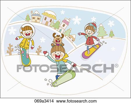 Clipart - illustration of kids get on board in snow field. Fotosearch