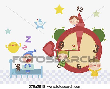 Clip Art - illustration of kids go to bed and clock. Fotosearch