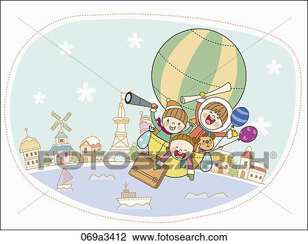 Clipart - illustration of kids happy in hot air balloon. Fotosearch