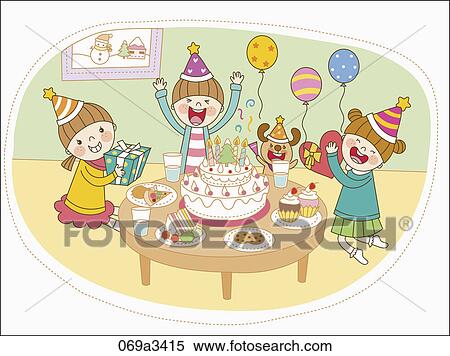 Clipart - illustration of kids having birthday party. Fotosearch
