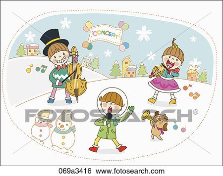 Clip Art - illustration of kids having concert in snow field. Fotosearch