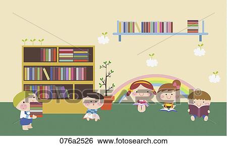 Clip Art - illustration of kids in library. Fotosearch