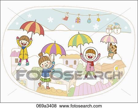 Clip Art - illustration of kids playing on snow field. Fotosearch