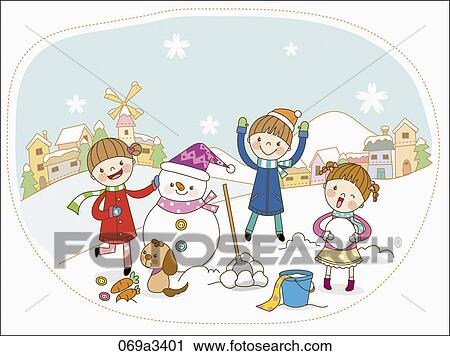 Clipart - illustration of kids playing on snow field. Fotosearch