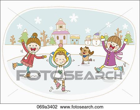 Clipart - illustration of kids playing on snow field. Fotosearch