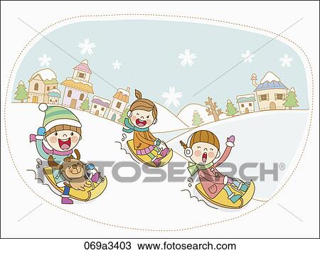 Clipart - illustration of kids playing on snow field. Fotosearch