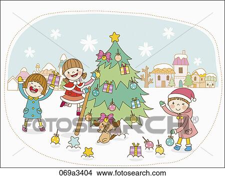 Clipart - illustration of kids playing on snow field and christmas tree. Fotosearch