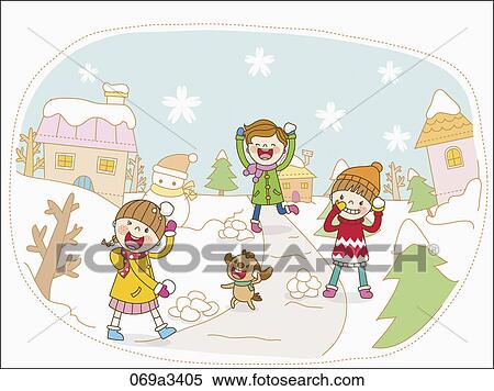 Clipart - illustration of kids playing on snow field and christmas tree. Fotosearch