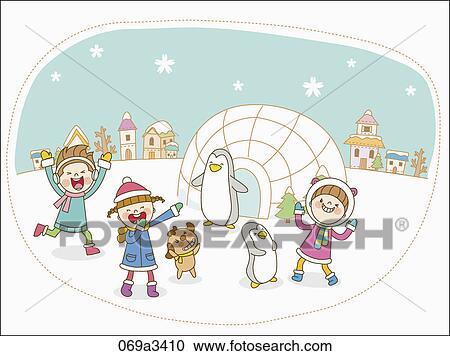 Clipart - illustration of kids playing on snow field and egloo. Fotosearch