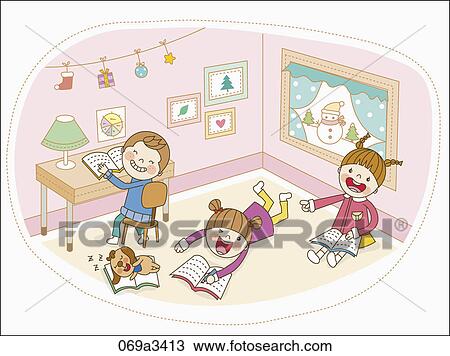 Clipart - illustration of kids pleased in room in winter. Fotosearch
