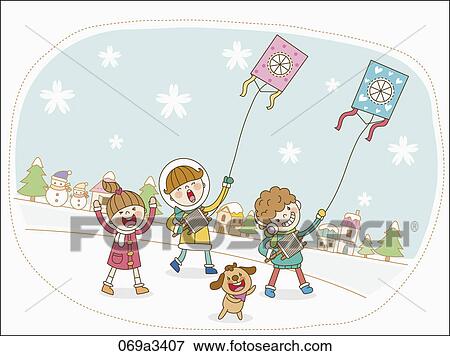 Clip Art - illustration of kids running kites in winter. Fotosearch