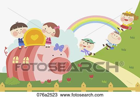 Clipart - illustration of kids saving money. Fotosearch