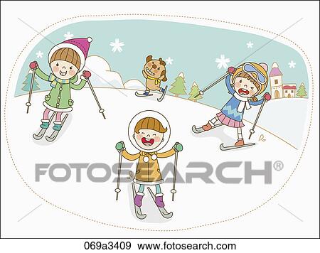 Clip Art - illustration of kids skiing. Fotosearch