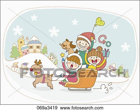Clip Art - illustration of kids sleding. Fotosearch