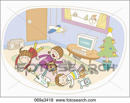 Clip Art - illustration of kids taking a nap after game. Fotosearch