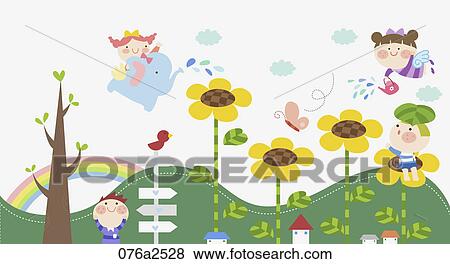 Clip Art - illustration of kids watering flower . Fotosearch