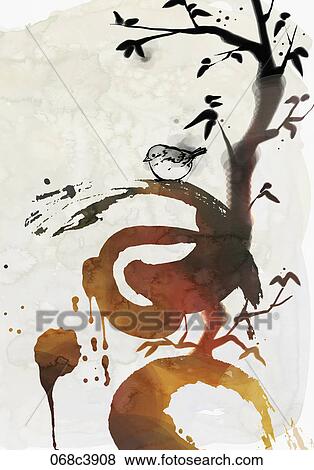 Stock Illustration - bird on the tree painted in watercolor effect. Fotosearch