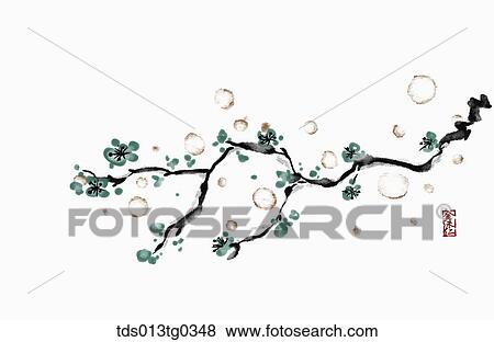 Stock Illustration - Japanese Apricot Tree in ink painting. Fotosearch