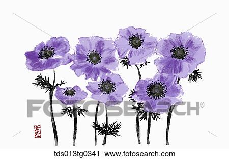 Clip Art - Purple flowers in ink painting. Fotosearch