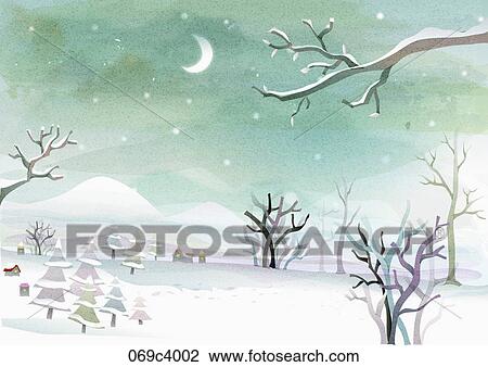Drawing - snow scape in illustration. Fotosearch