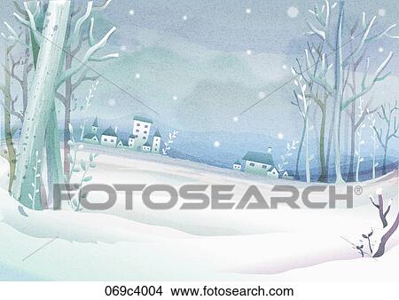 snow scape in illustration View Large Illustration Stock Illustration - snow scape in illustration. Fotosearch