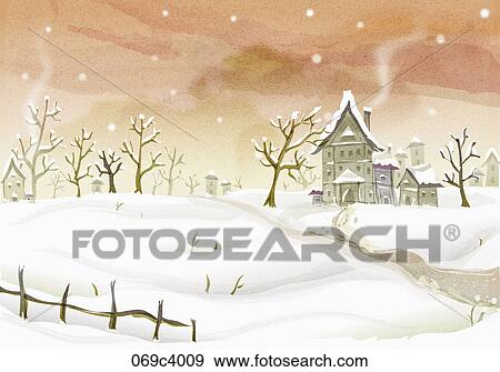 snow scape in illustration View Large Illustration Stock Illustration - snow scape in illustration. Fotosearch