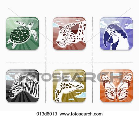 Drawing - various animals in illustrated icon. Fotosearch