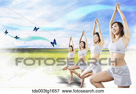 women exercising yoga together View Large Illustration Stock Illustration - women exercising yoga together. Fotosearch