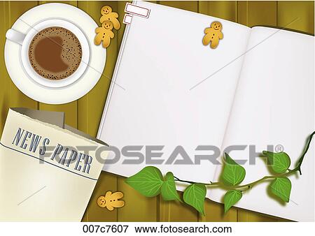 A book, cup of coffee and newspaper View Large Illustration Stock Illustration - A book, cup of coffee and newspaper. Fotosearch