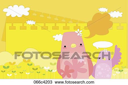 birds in illustrated backdrop View Large Illustration Drawing - birds in illustrated backdrop. Fotosearch