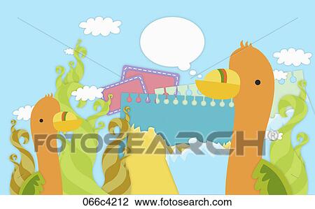 Drawing - birds in illustrated backdrop. Fotosearch