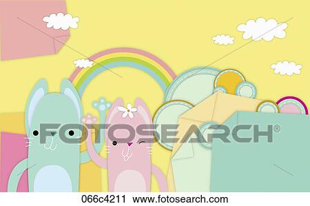 cats in illustrated backdrop View Large Illustration Clip Art - cats in illustrated backdrop. Fotosearch