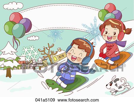children sledding down a snow hill View Large Illustration Stock Illustration - children sledding down a snow hill. Fotosearch